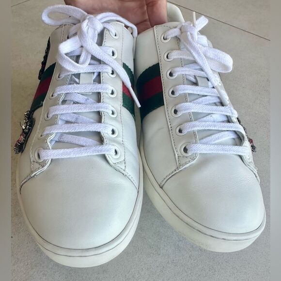 Gucci White Leather Ace Web Arrow Embroidered Low Top Sneakers size 38.5 White - Picture 3 of 12